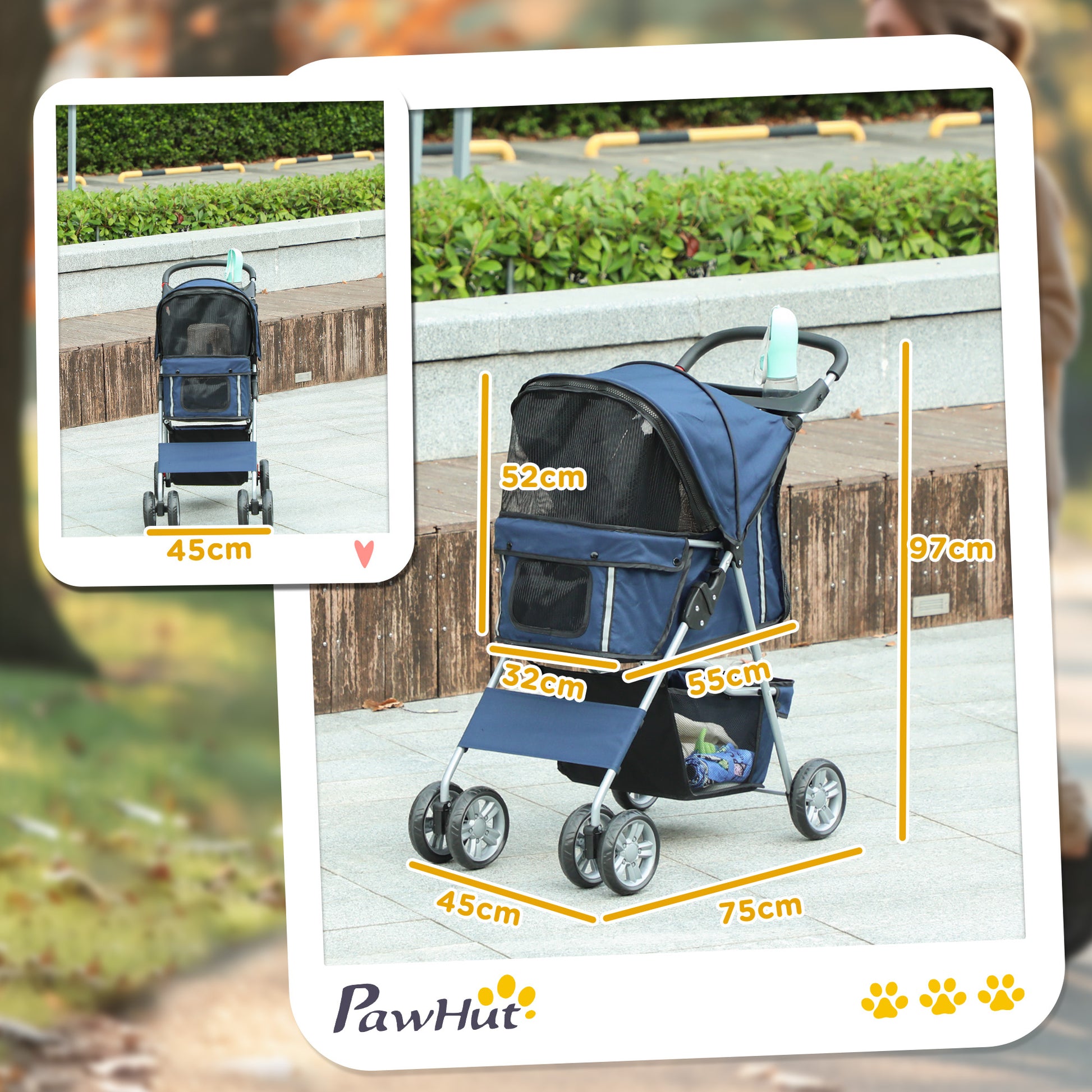 Pawhut Carrito Para Perros Plegable Con Toldo Ajustable 75x45x97 Cm Azul_2