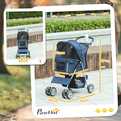 Pawhut Carrito Para Perros Plegable Con Toldo Ajustable 75x45x97 Cm Azul_2