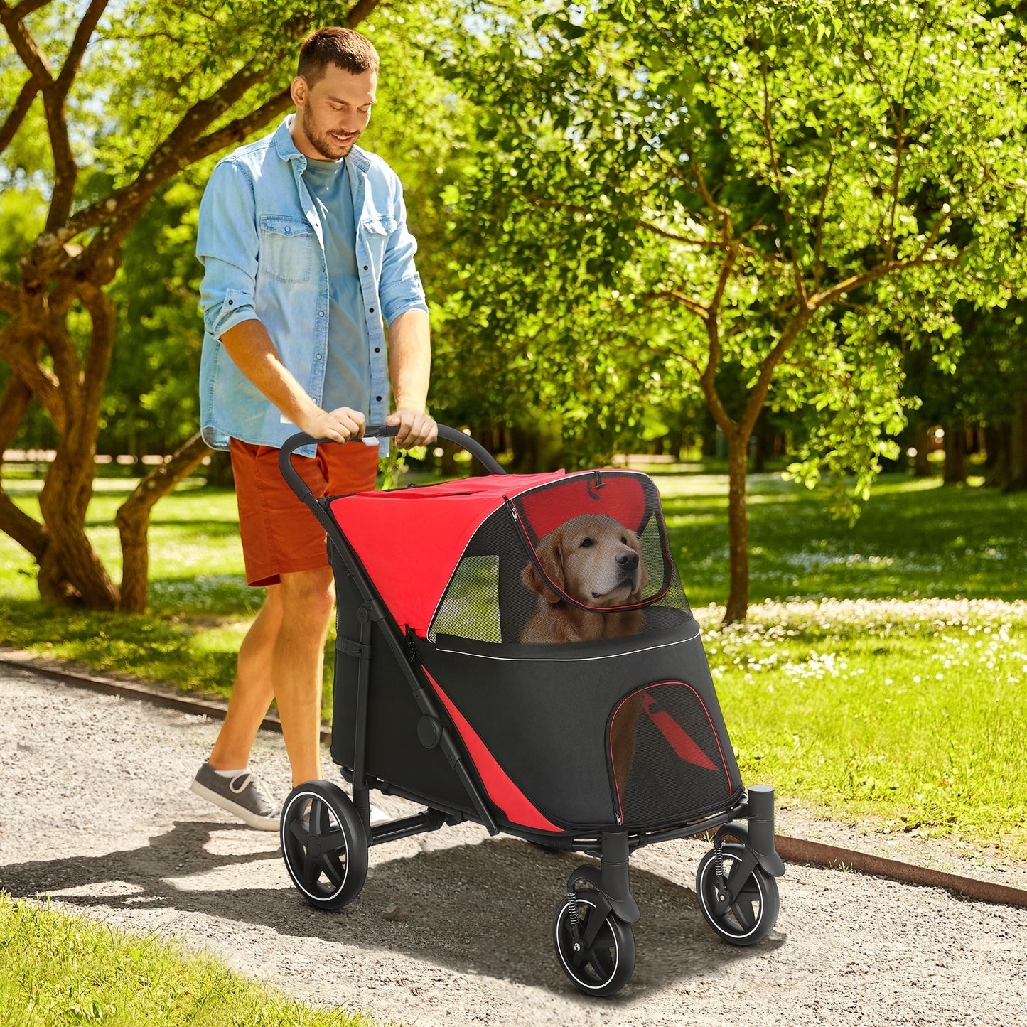 Pawhut Cochecito Para Perros Plegable Con Ventana De Malla 112x67x100 Cm Rojo_1