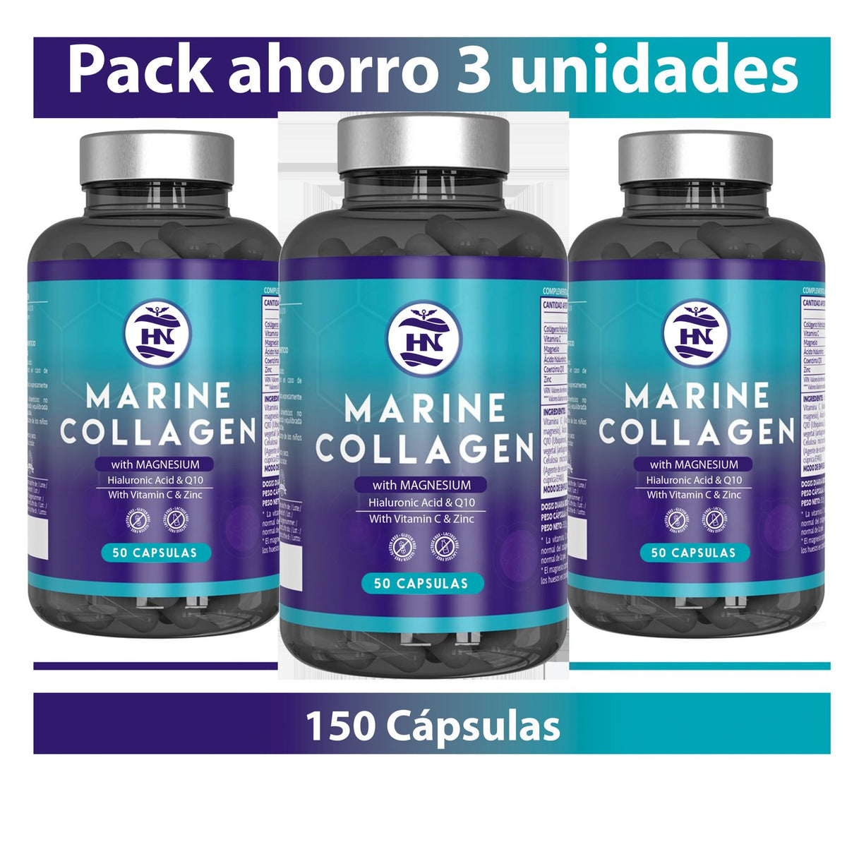 Pack 3 X Colágeno Marino Hidrolizado Con Ácido Hialurónico, Vitamina C, Q10, Zinc Y Magnesio - 3 X 50 Cápsulas_0