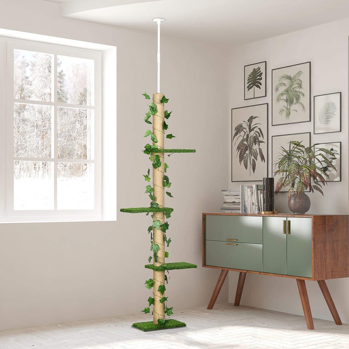 Pawhut Árbol Para Gatos Del Suelo Al Techo 37x21x202-242 Cm Con Altura Ajustable_1