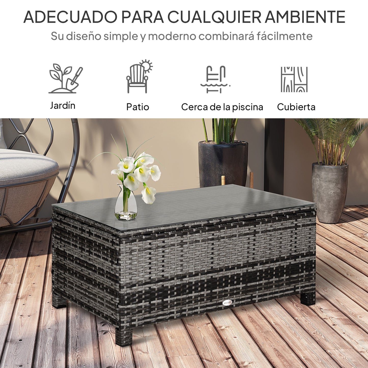 Outsunny Mesa De Jardín De Ratán Sintético Con Vidrio Templado 85x50x39cm Gris_5