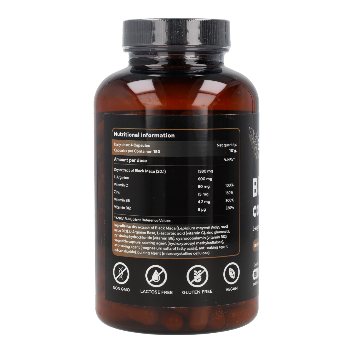 Maca Negra con L Arginina Zinc y Vitaminas B6 B12 y C Sevens Nutrition 180 cápsulas