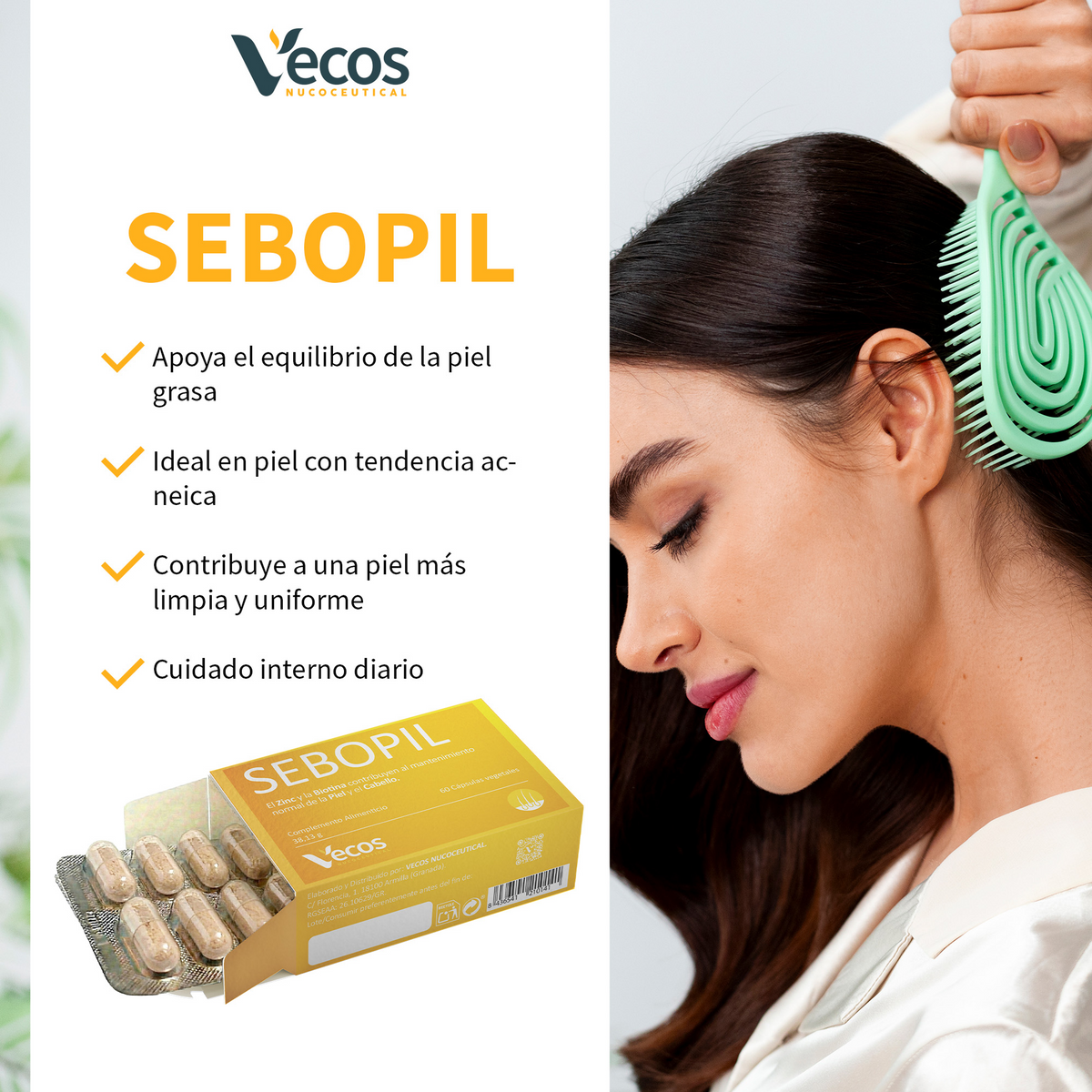 Sebopil Vecos 60 Cápsulas | Para Cuidado De Acné Y Piel Grasa | Zinc, Bardana Y Vitaminas B_3
