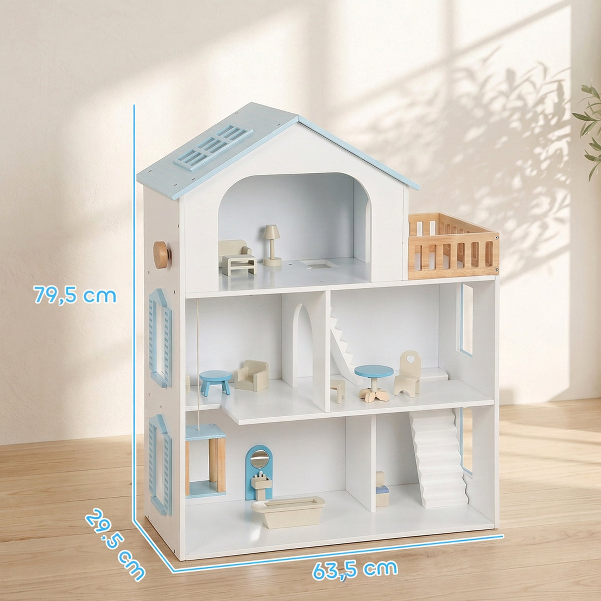 Casa De Muñecas Aiyaplay Mdf, Madera De Pino Azul 63.5x29.5x79.5 Cm_2
