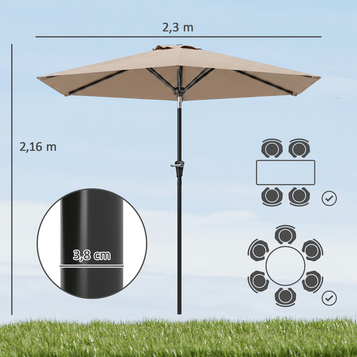Outsunny Sombrilla De Jardín Ø230x216 Cm Con Techo Basculante Impermeable Caqui_2