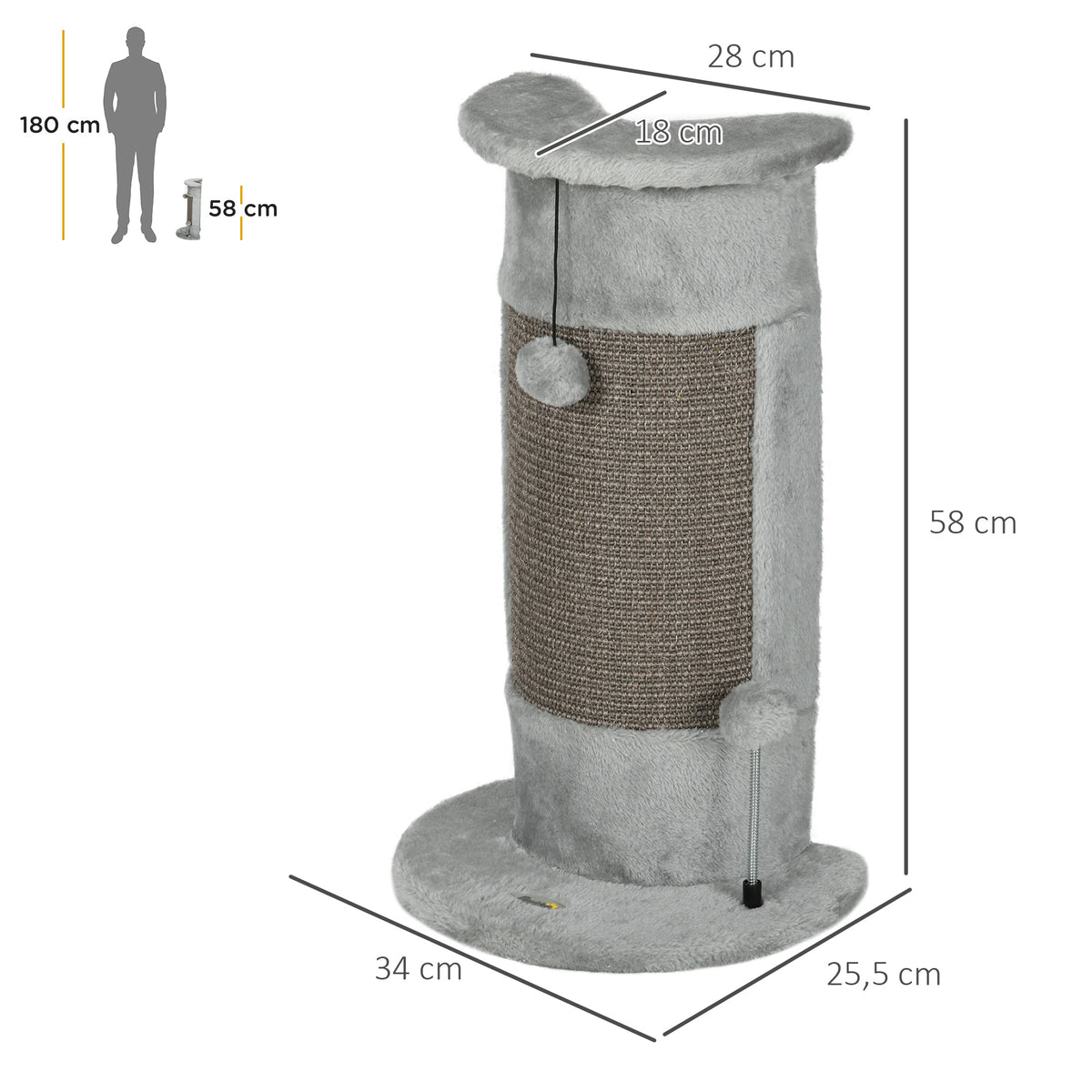 Pawhut Poste Rascador Para Gatos 58 Cm Con Bolas Colgantes 34x25,5x58 Cm Gris_2
