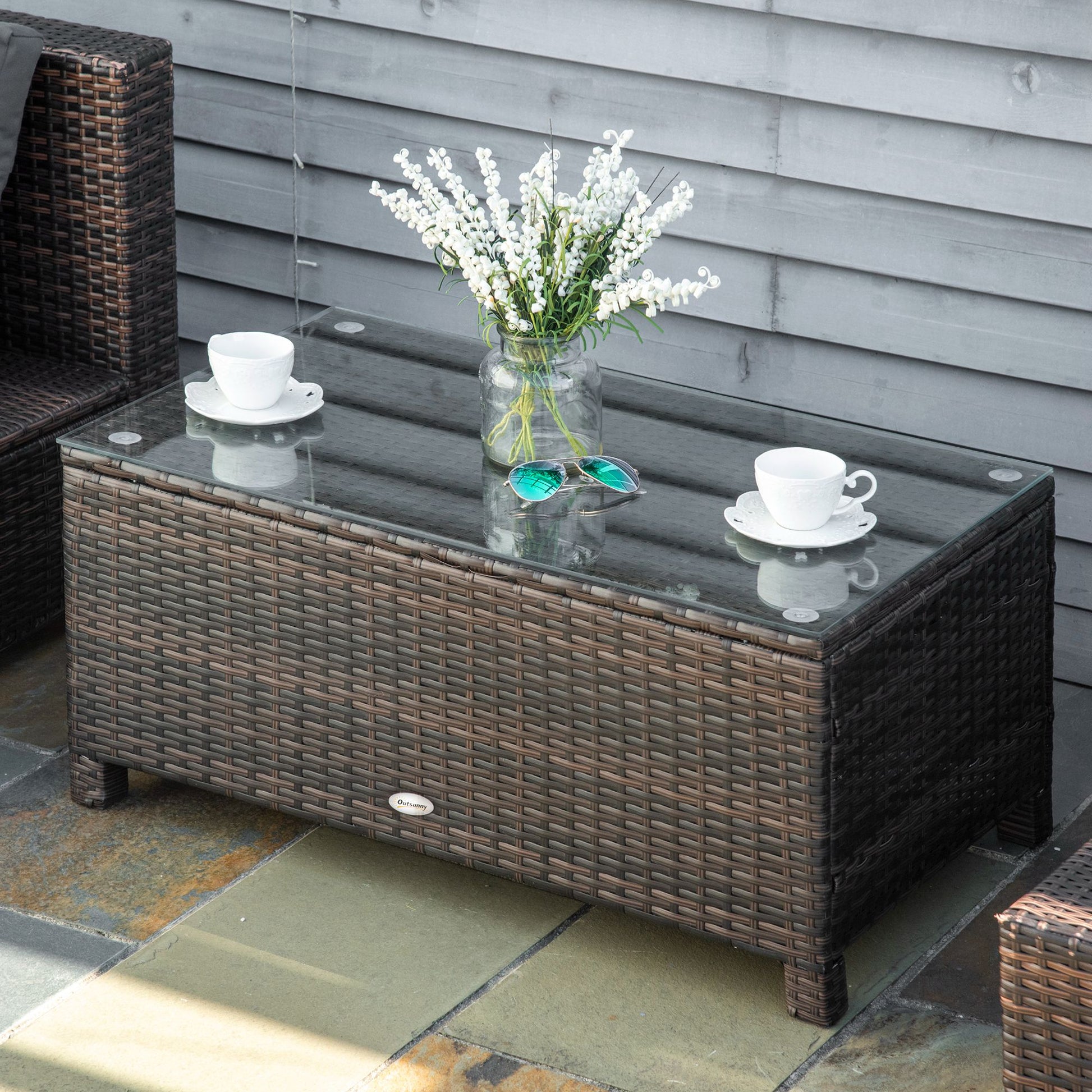 Outsunny Mesa De Jardín De Ratán Sintético Con Vidrio Templado 85x50x39cm Marrón_1