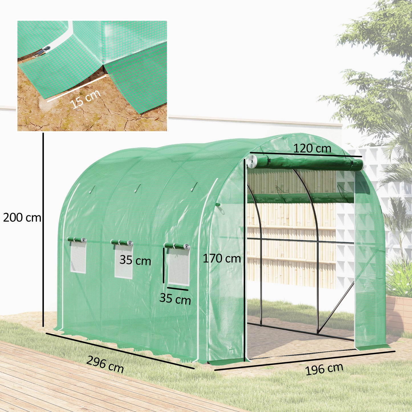 Outsunny Invernadero De Túnel 296x196x200 Cm Con 3 Puertas Y 6 Ventanas Verde_2