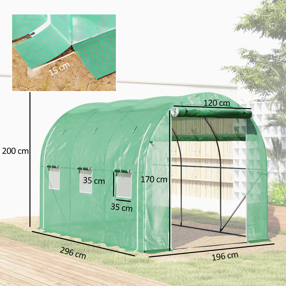 Outsunny Invernadero De Túnel 296x196x200 Cm Con 3 Puertas Y 6 Ventanas Verde_2