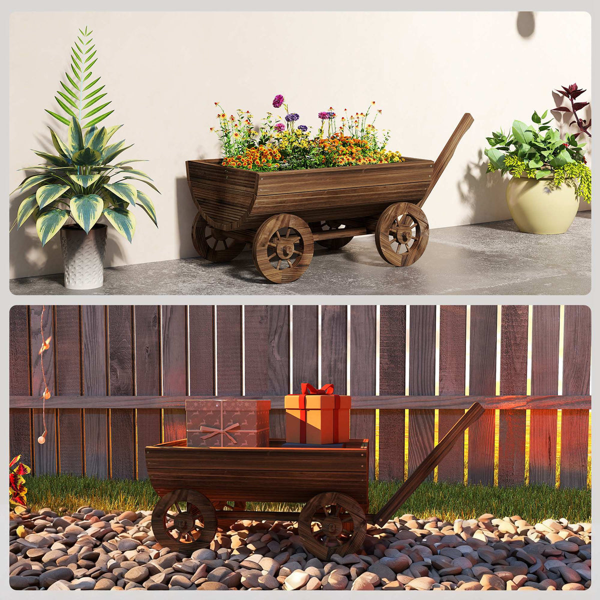 Outsunny Carrito De Madera Con 4 Ruedas Y Mango Drenaje 115x40x54,5 Cm_3