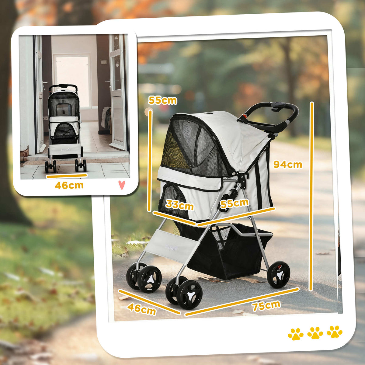 Pawhut Cochecito Mascotas Plegable Toldo Ajustable Tela Oxford 77x45x99,5cm Gris_2