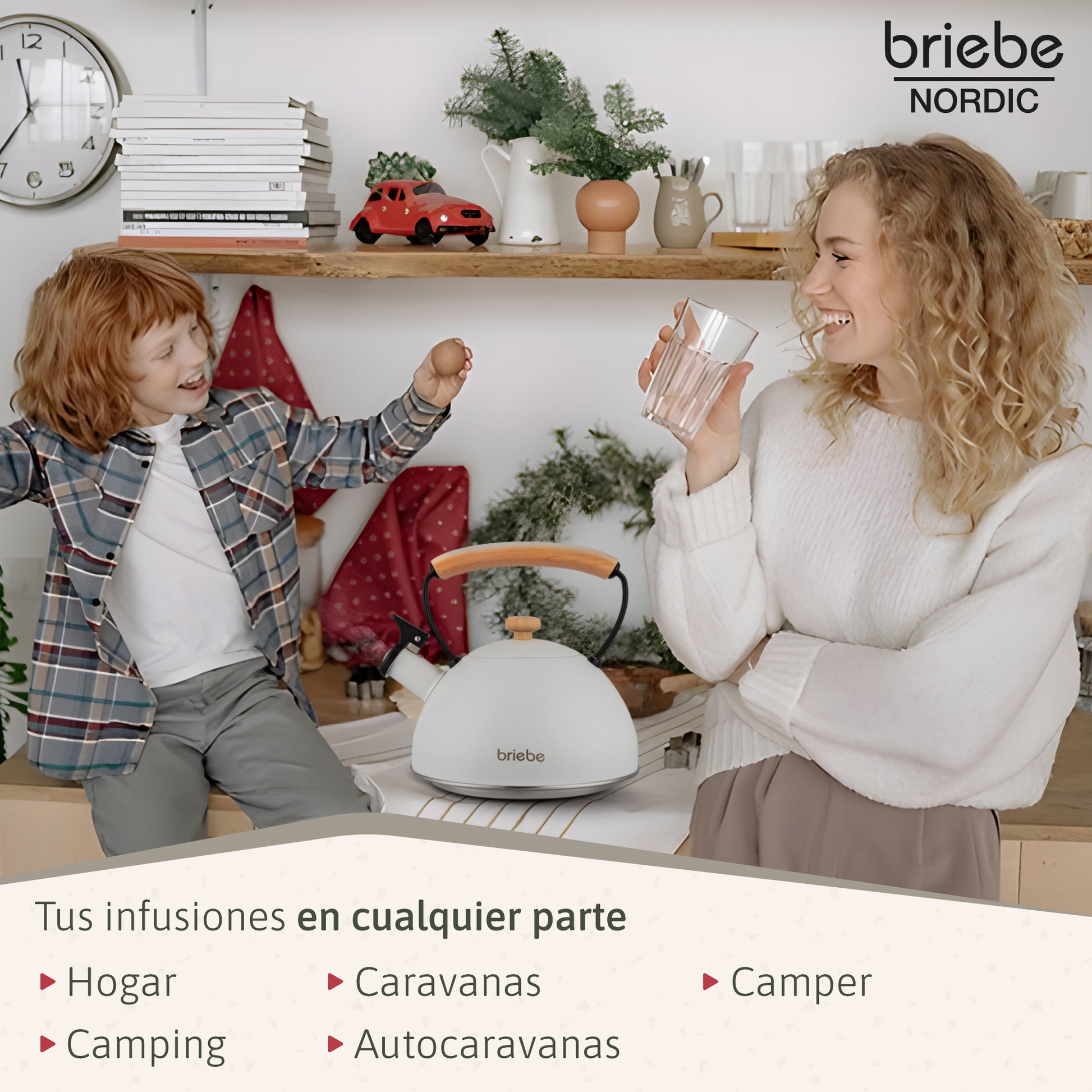 Briebe Tetera Con Silbato, Hervidor De Agua 2,3l, Inducción, Acero Inox, Vintage, Mango Madera, Nordic, Blanco_4