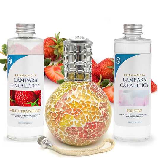 Pack Lámpara Catalítica Mosaico Bicolor + Fragancia Wild Strawberry 200ml + Limpiador Neutro 200ml + Mecha Repuesto_0