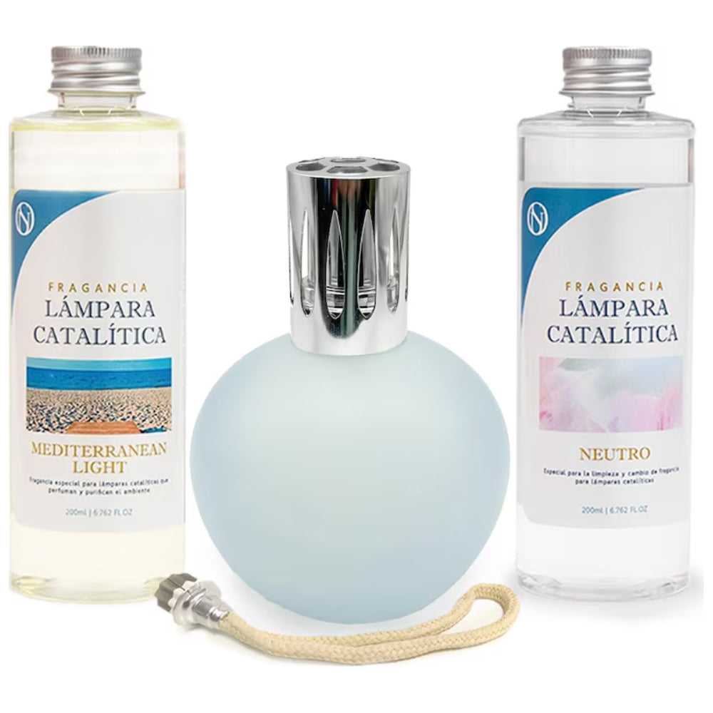 Pack Lámpara Catalítica Azul Grisáceo Mate + Fragancia Mediterranean Light 500ml + Limpiador 200ml + Mecha Repuesto_0