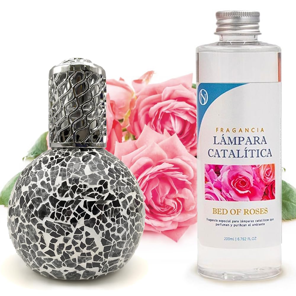 Lámpara Catalítica Mosaico Negro + Fragancia Aroma Bed Of Roses 200ml - Elimina Malos Olores, Impurezas Y Perfuma_0