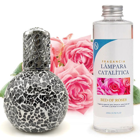 Lámpara Catalítica Mosaico Negro + Fragancia Aroma Bed Of Roses 200ml - Elimina Malos Olores, Impurezas Y Perfuma_0