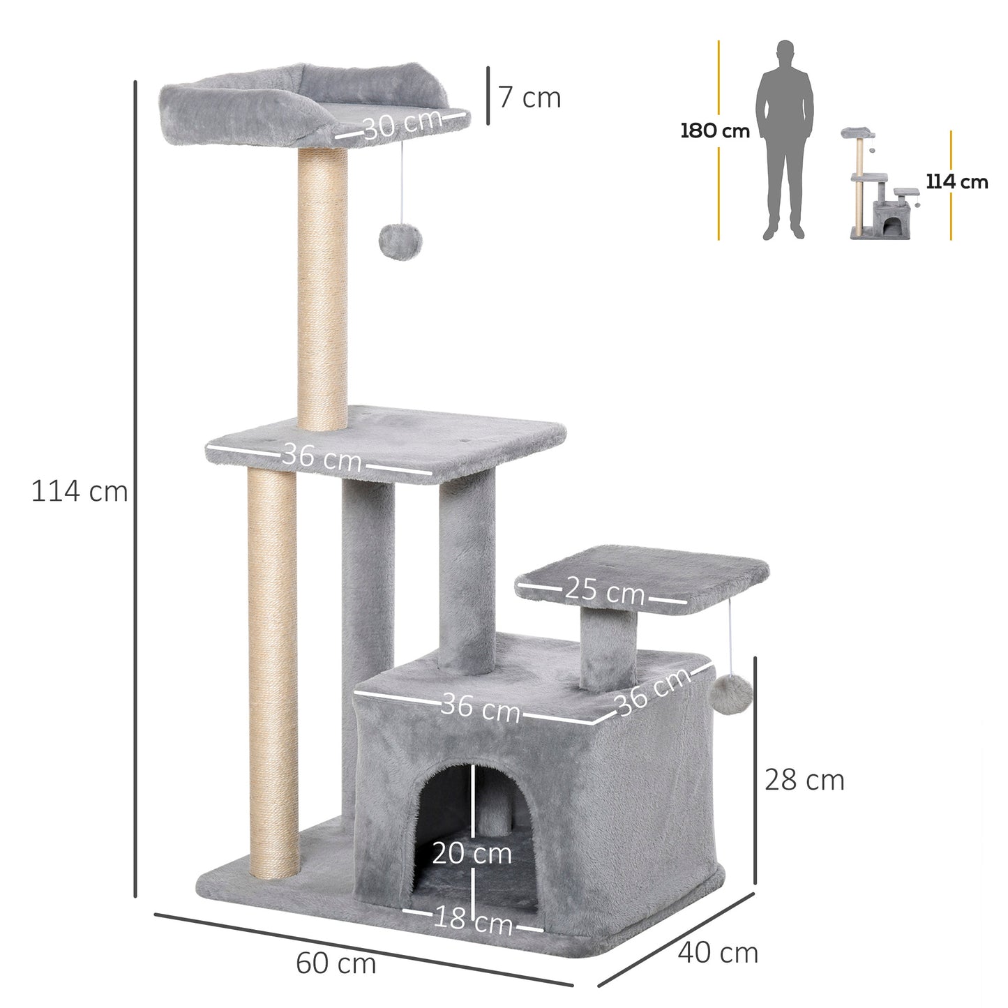 Pawhut Árbol Para Gatos Con Postes De Sisal Plataformas Y Casita Gris Claro_2