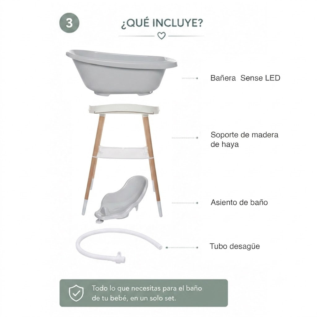 Bebe-jou Set Sense Bañera Led Gris + Soporte Sense + Hamaca Baño + Tubo Desagüe_3