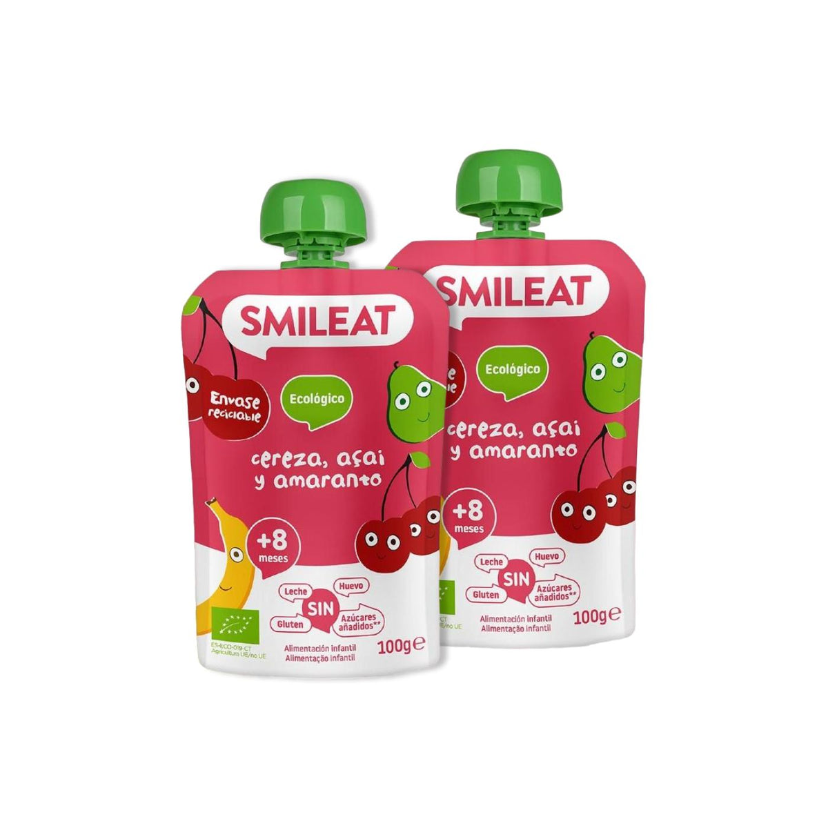 Pack 2x Pouche de cereza, açai y amaranto ECO Smileat, 100 g