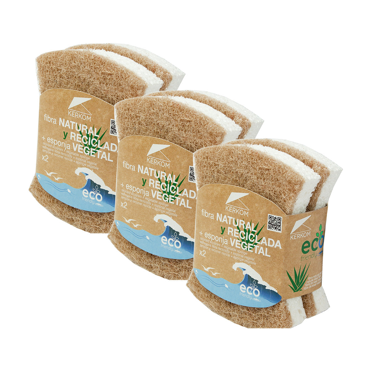 Pack x6 Estropajos con esponja vegetal Ergo Eco Friendly Kerkom (3 unidades x 2 estropajos cada una)