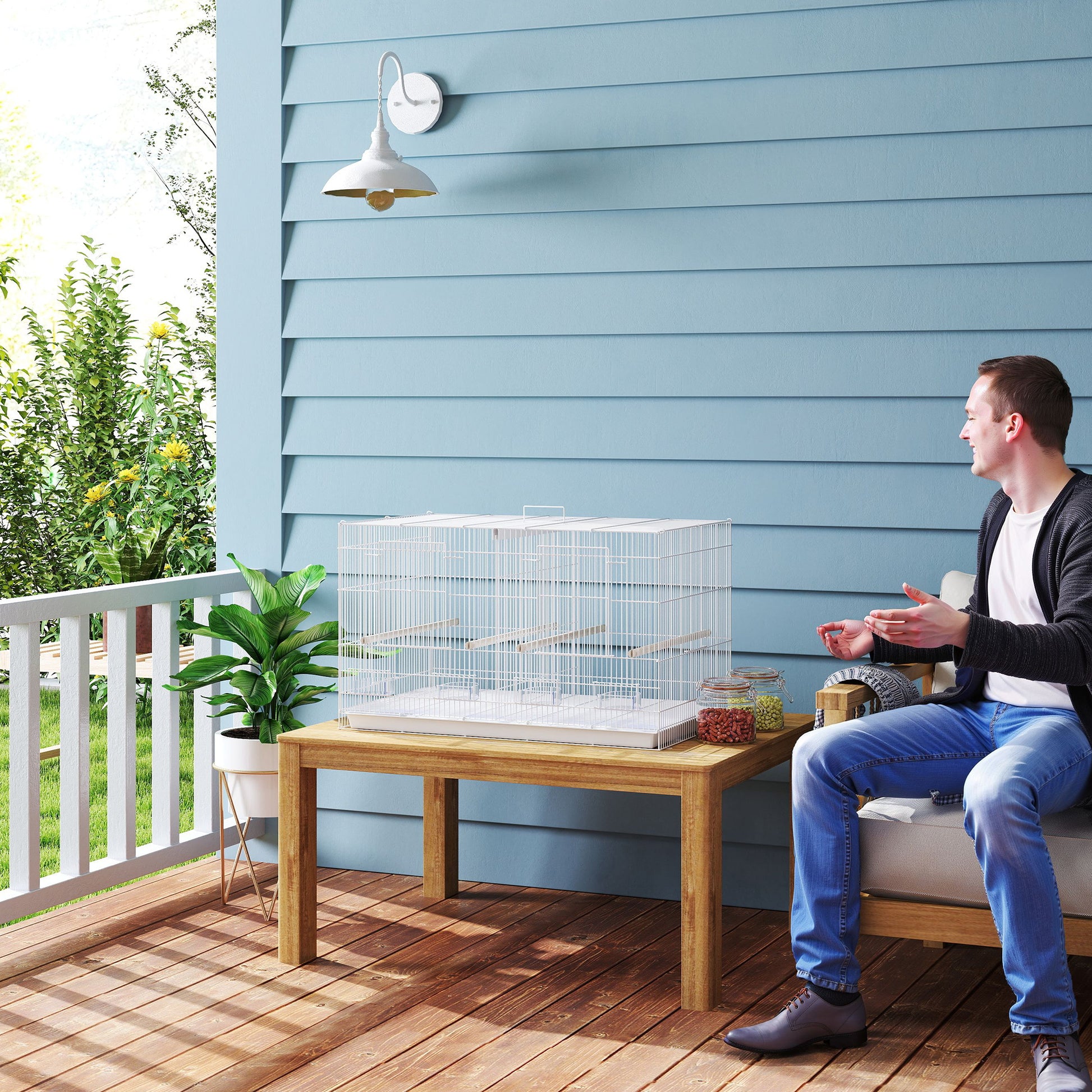 Pawhut Jaula Para Pájaros Con Divisor 4 Comederos 4 Perchas 76x46x46 Cm Blanco_4