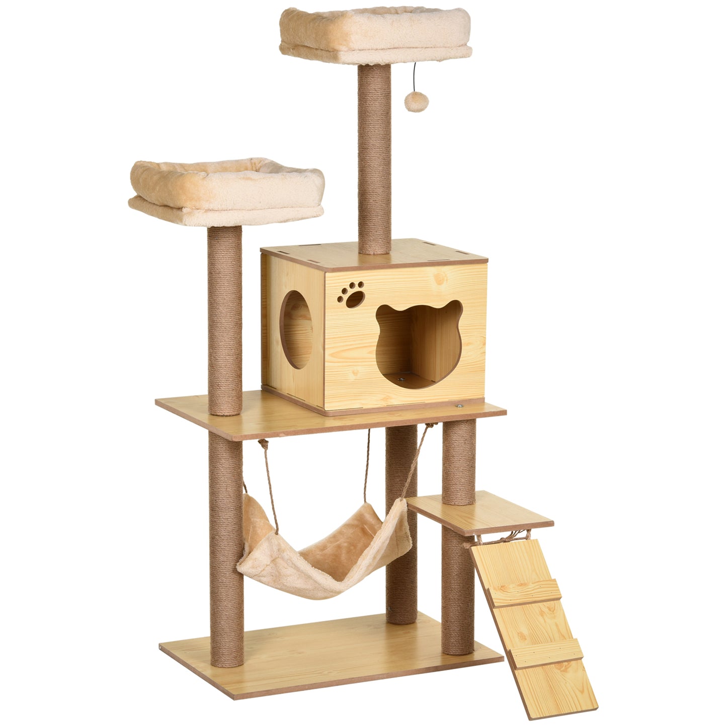Pawhut Árbol Rascador Para Gatos Altura 130cm Con Postes De Yute Camas Amarillo_0