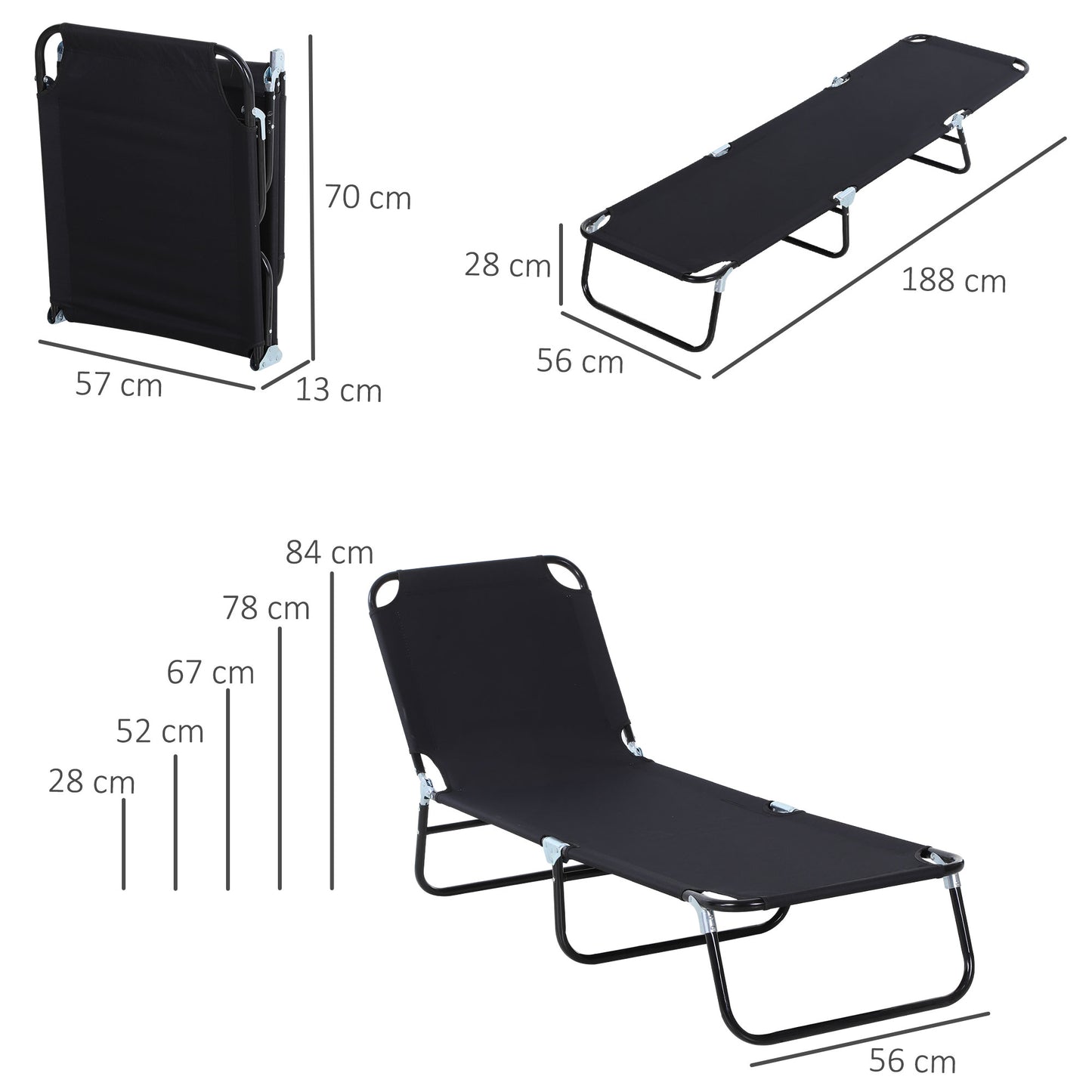 Outsunny Tumbona Plegable Reclinable Ajustable De 5 Posiciones 188x56x28cm Negro_2