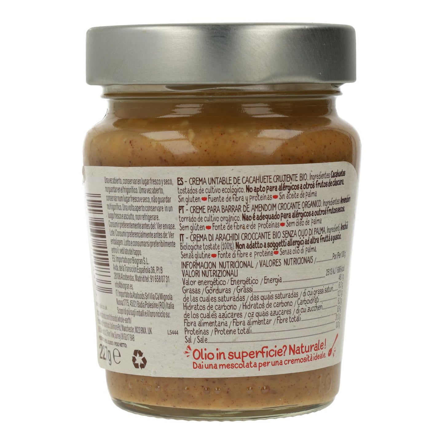 Crema de Cacahuete Bio Crunchy, 227g. Whole Earth