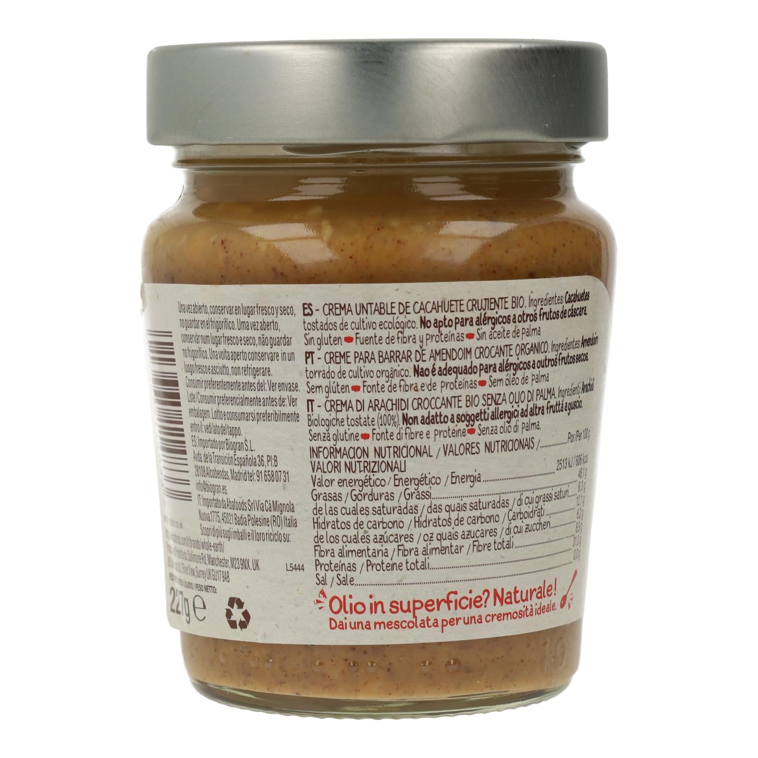 Crema de Cacahuete Bio Crunchy, 227g. Whole Earth