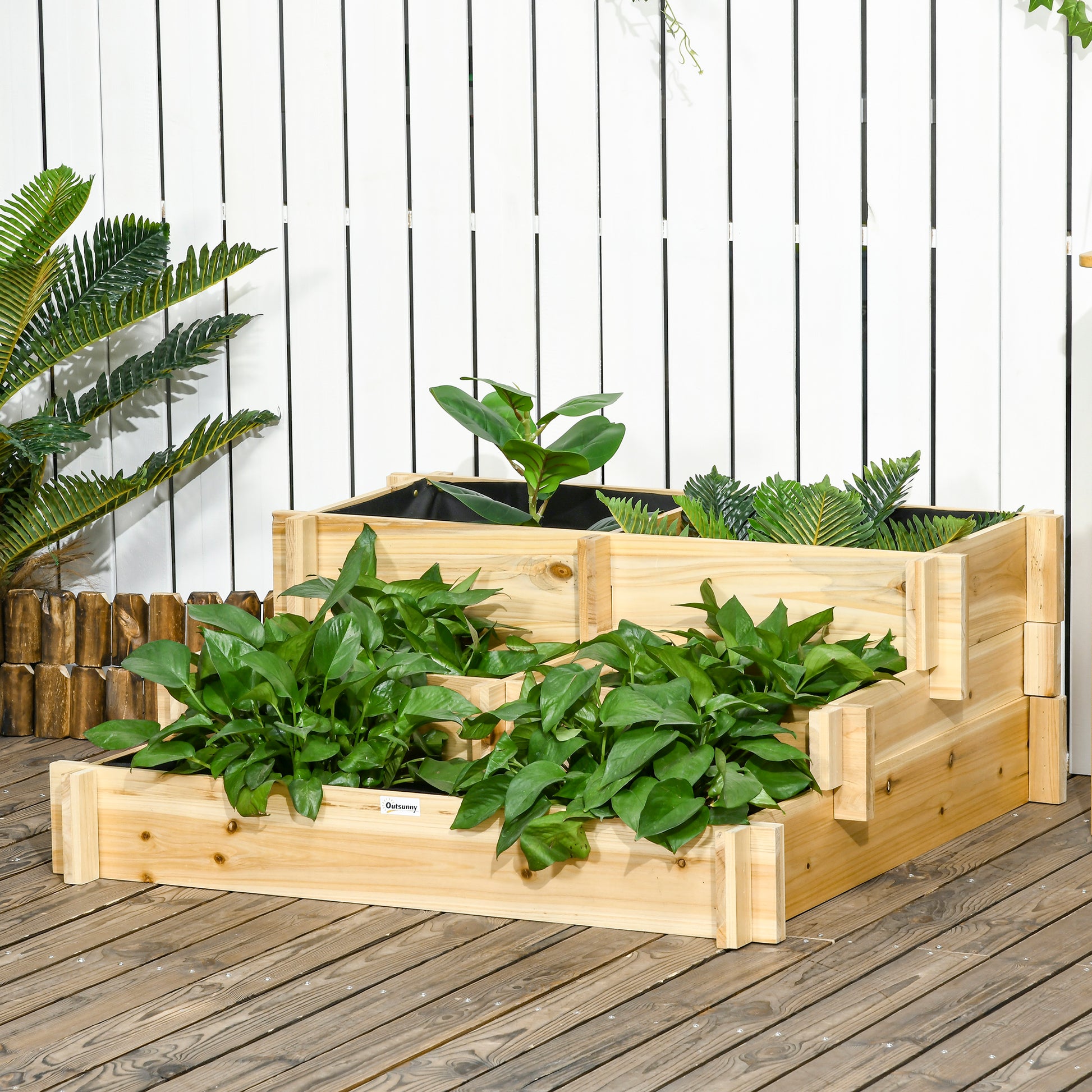 Outsunny Jardinera De Madera Con Diseño De Escalera 93x93x35 Cm Natural_4