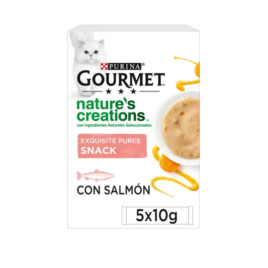 GOURMET Nature's Creations Exquisito Puré Snack Liquido con Salmón y Zanahoria 5x10g