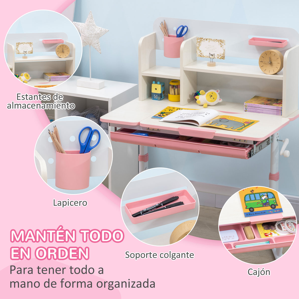 Conjunto De Secretária E Cadeira Infantil Homcom Rosa Pp, Mdf E Aço 80x52x88x109cm_5