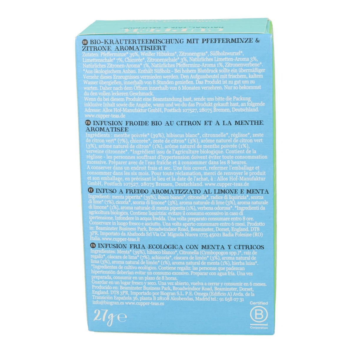 Infusion Fria De Menta Y Citricos Bio Cupper 10 Bolsas