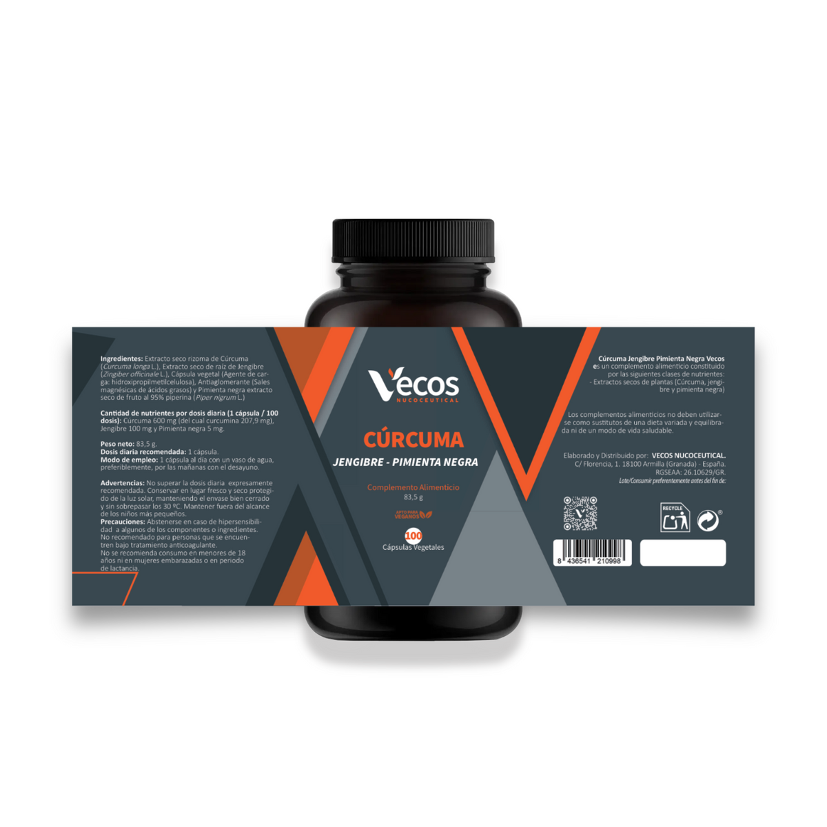 Cúrcuma 600 Mg + Jengibre Vecos 100 Cápsulas | Digestión, Articulaciones Y Absorción Mejorada | Con Piperina_4
