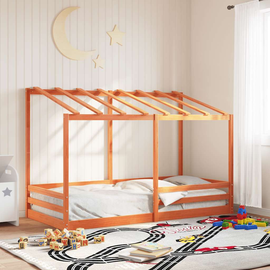 Cama Infantil Con Techo Madera Maciza Pino Marrón 90x200 Cm_1