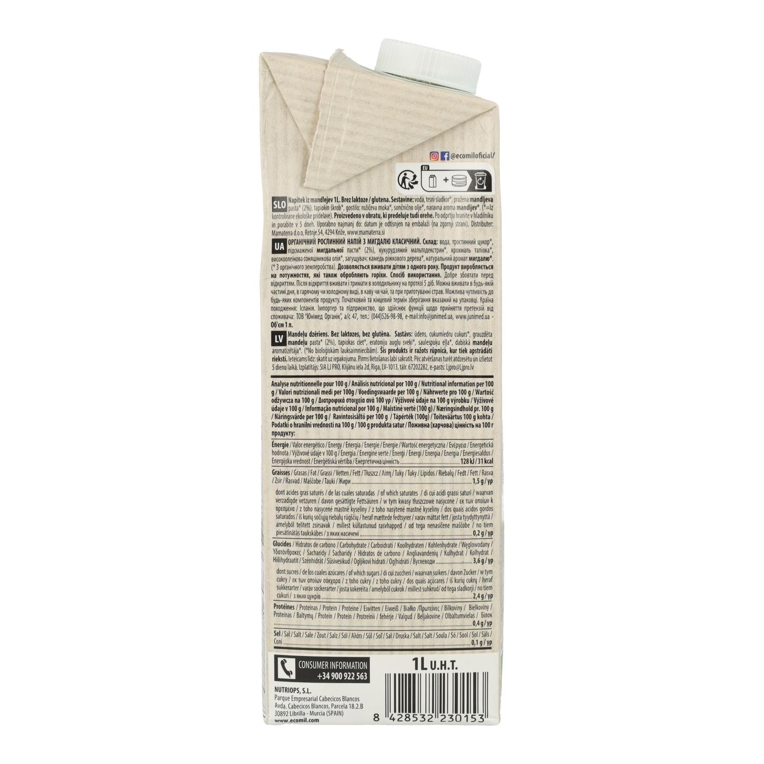 Bebida vegetal de Almendra classic bio Ecomil 1 L