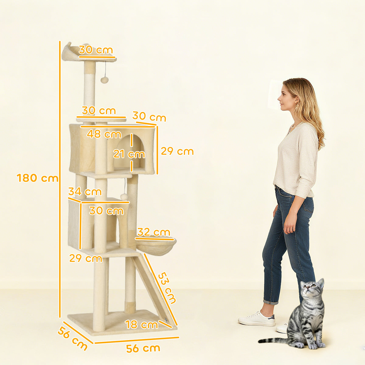 Pawhut Árbol Rascador Para Gatos 180 Cm Con Múltiples Plataformas Beige_2