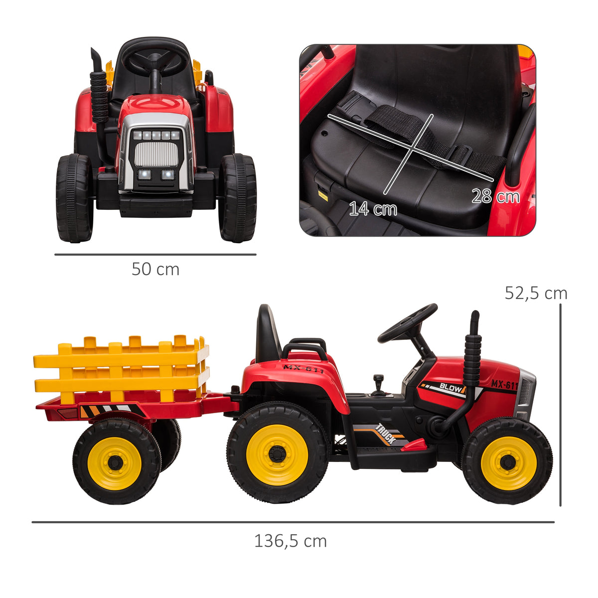 Homcom Tractor Eléctrico Con Remolque Para Niños 3-6 Años 136,5x50x52,5 Cm Rojo_2