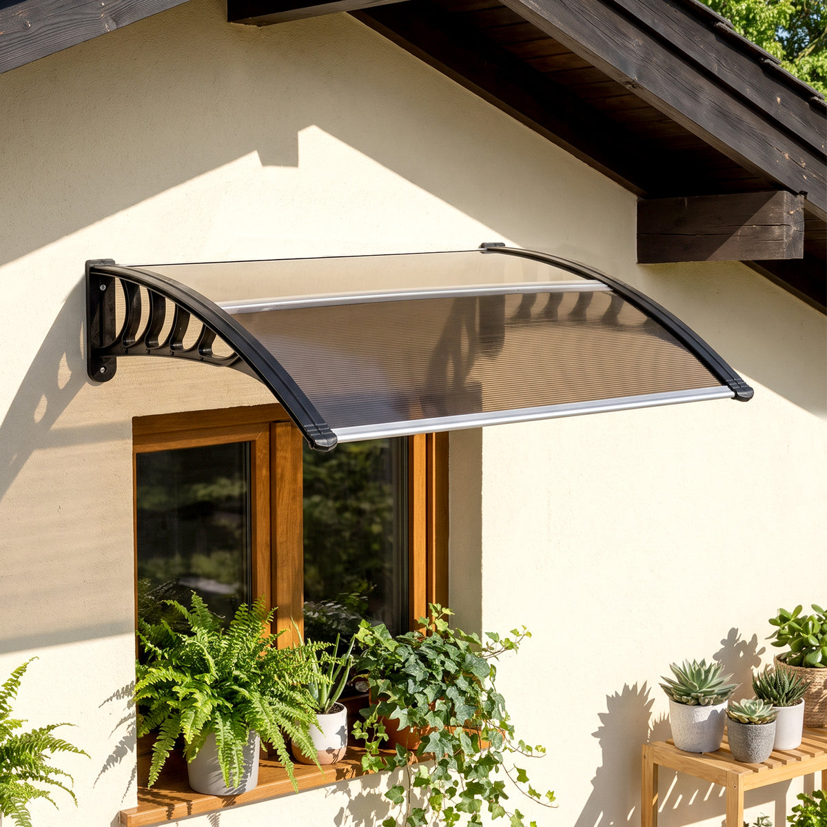 Outsunny Marquesina Exterior 103x96,5 Cm Puertas Y Ventanas Policarbonato Marrón_4