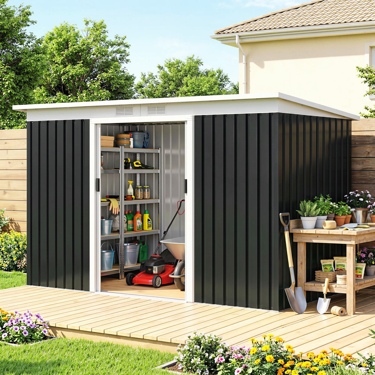 Cobertizo De Jardín Base 3,1 M² Outsunny 280x130x172 Cm Gris Oscuro_3