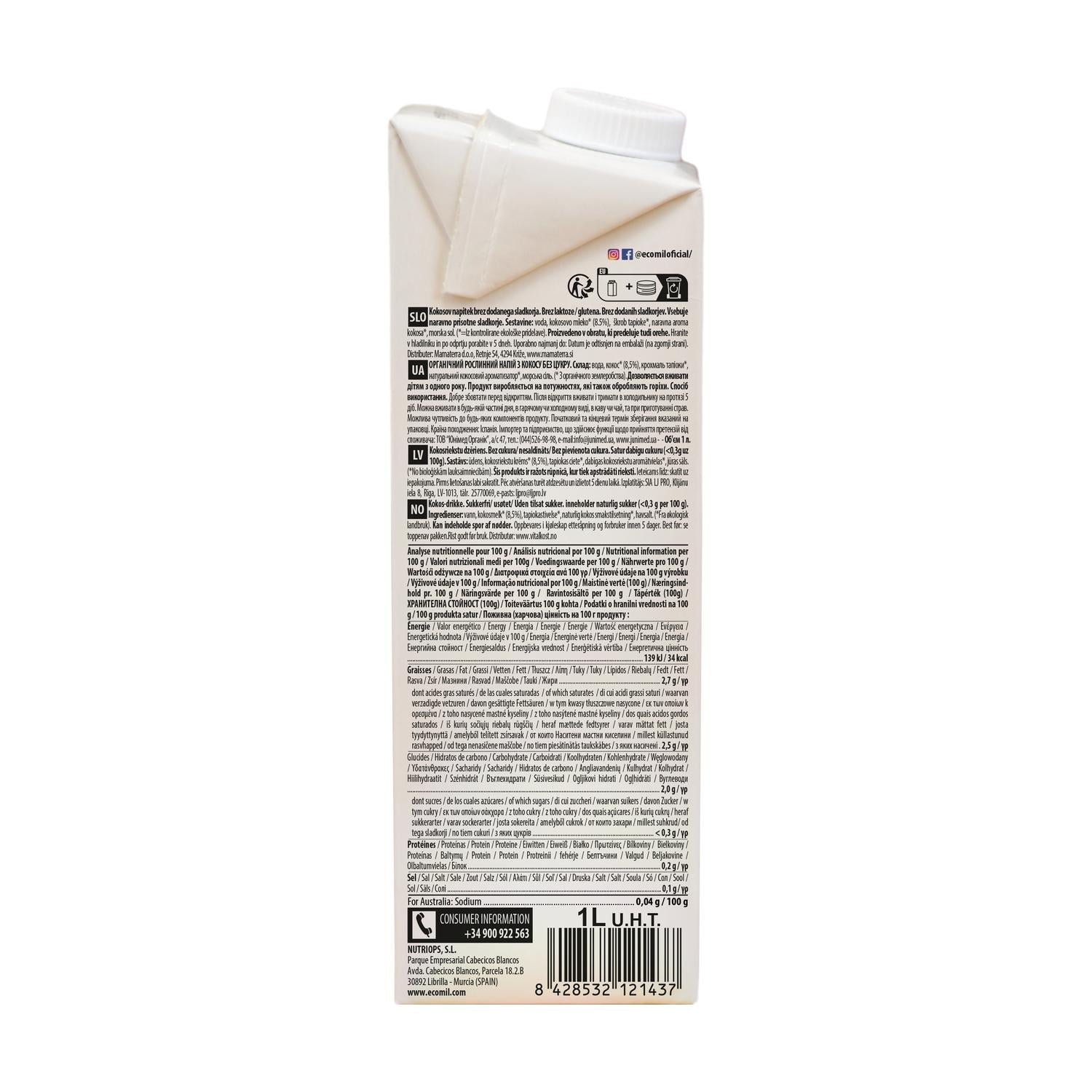 Pack 6X Bebida vegetal de coco EcoMil 1L