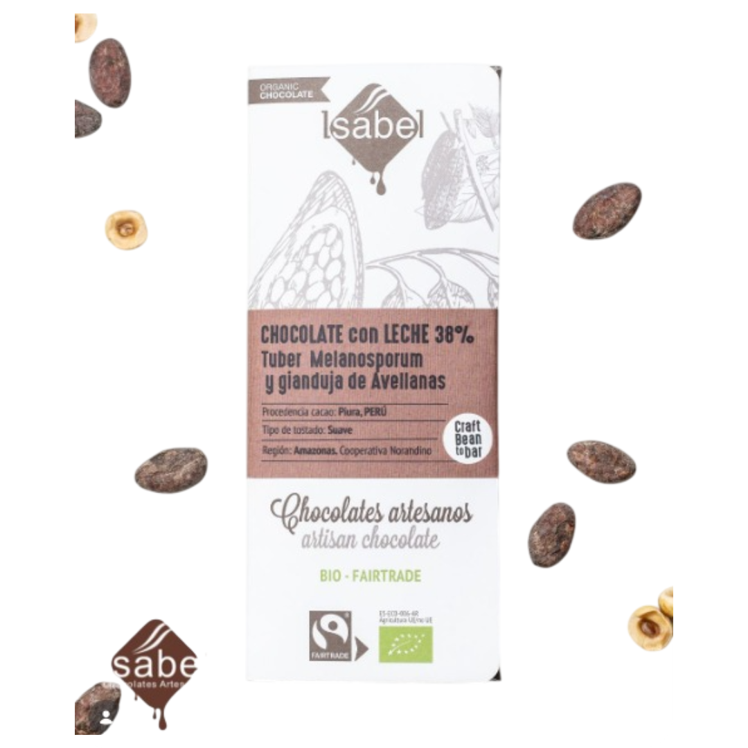 TABLETA BIO CHOCOLATE CON LECHE BEAN TO BAR 38% CACAO. CON TUBER MELANOSPORUM Y AVELLANAS_0