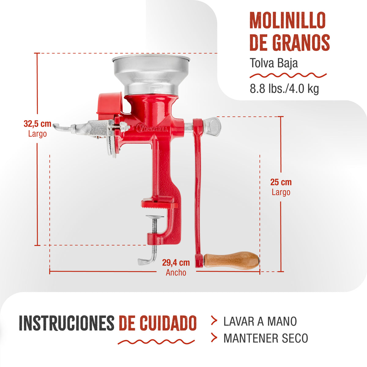 Victoria Molino Cereales Manual Hierro Fundido Para Moler Café, Maíz, Semillas, Grosor Ajustable, 30032, Rojo_4