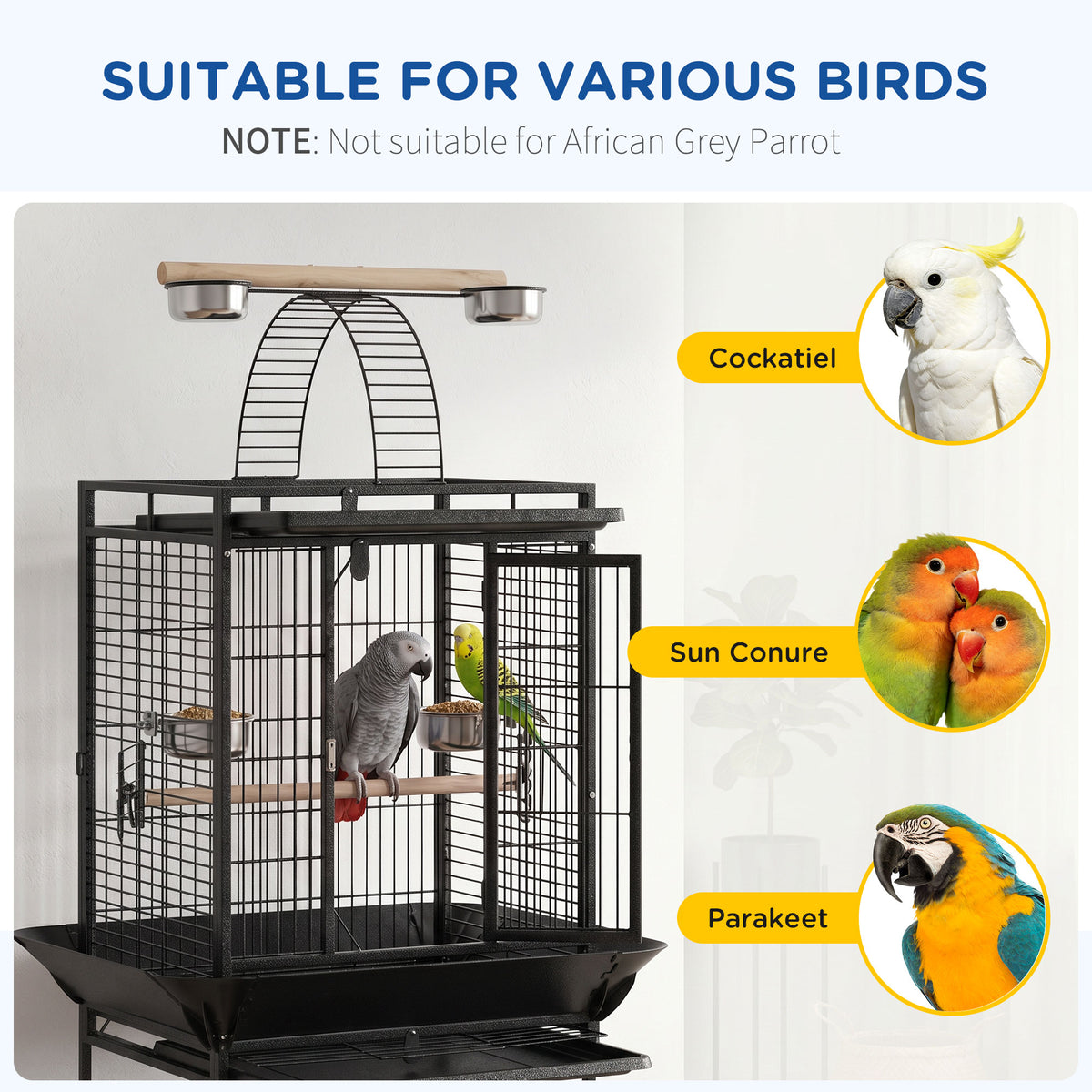 Pawhut Jaula Para Pájaros Con Soporte Ruedas 62,5x62,5x156cm 4 Comederos Gris_4