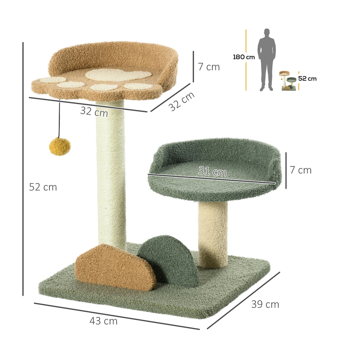 Pawhut Árbol Rascador Para Gatos Pequeño Con Cama 43x39x52 Cm Multicolor_2