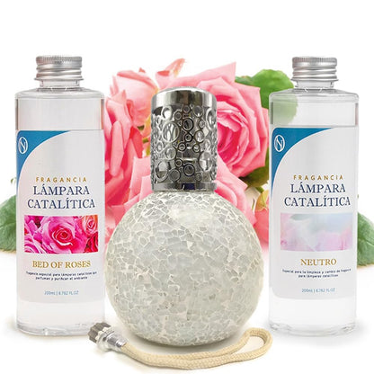 Pack Ahorro Lámpara Catalítica Mosaico Blanco + Fragancia Bed Of Roses 200ml + Limpiador Neutro 200ml + Mecha Repuesto_0