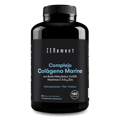 Complejo de colágeno marino con ácido hialurónico, CoQ10, vitaminas C &amp; E y Zinc Zenement, 180 comprimidos