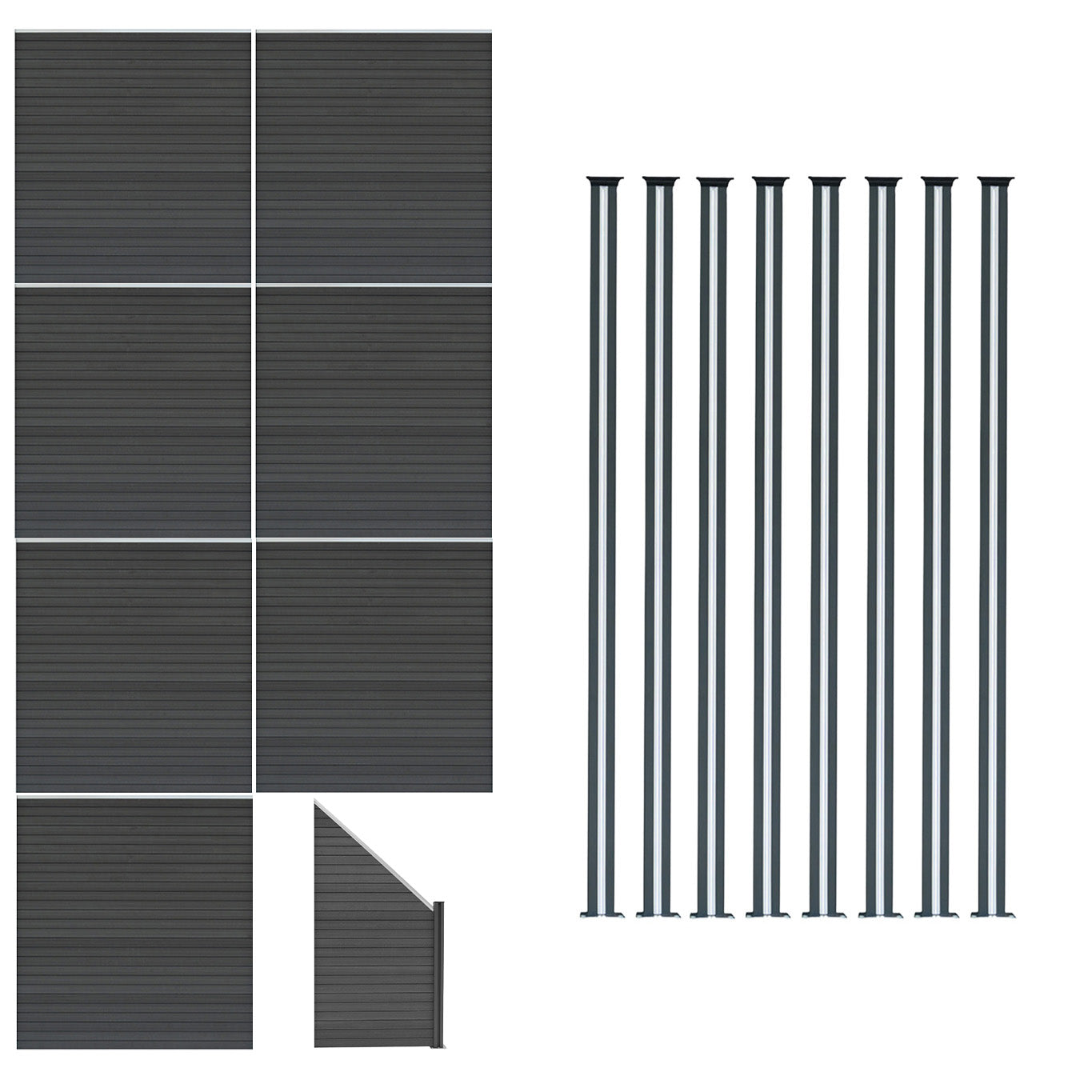 Vallas Para Exteriores De Wpc Y Aluminio - 7x Paneles Cuadrados + 1x Oblicuo + 8x Postes Con Led | Gris_0