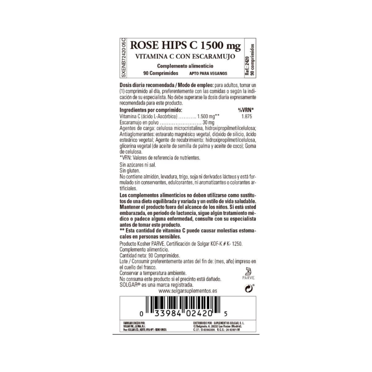 Rose Hips Vitamina C con escaramujos 1500 mg, 90 comp.